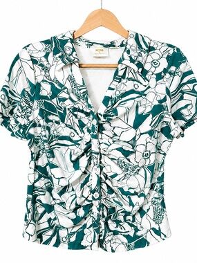 Anthropologie Maeve Green & White Floral Button-Front Short Sleeve Top